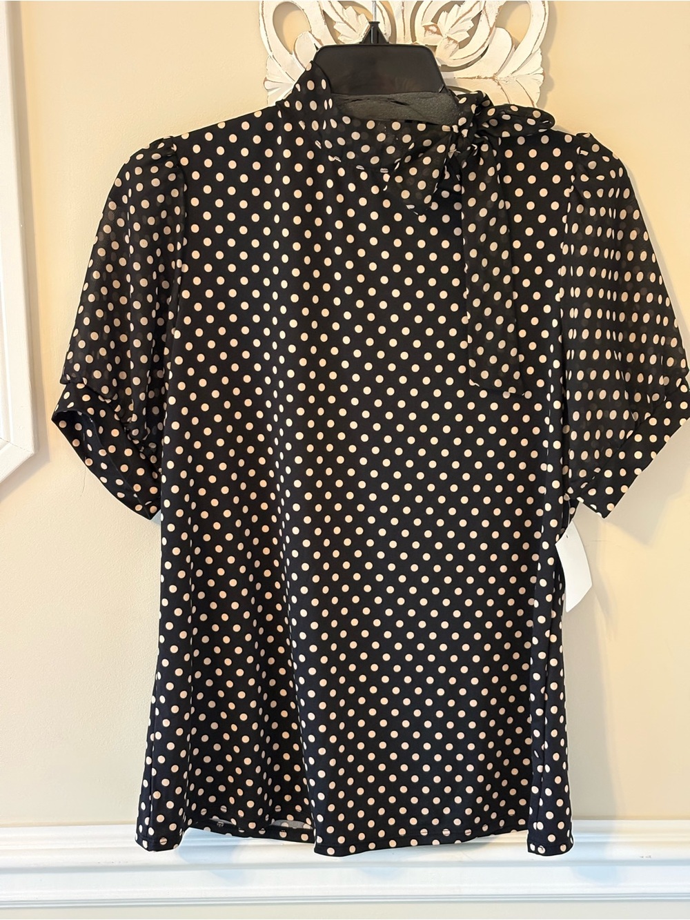 PerSeption Concept Black Blouse with Cream Polka Dots and Neck Tie